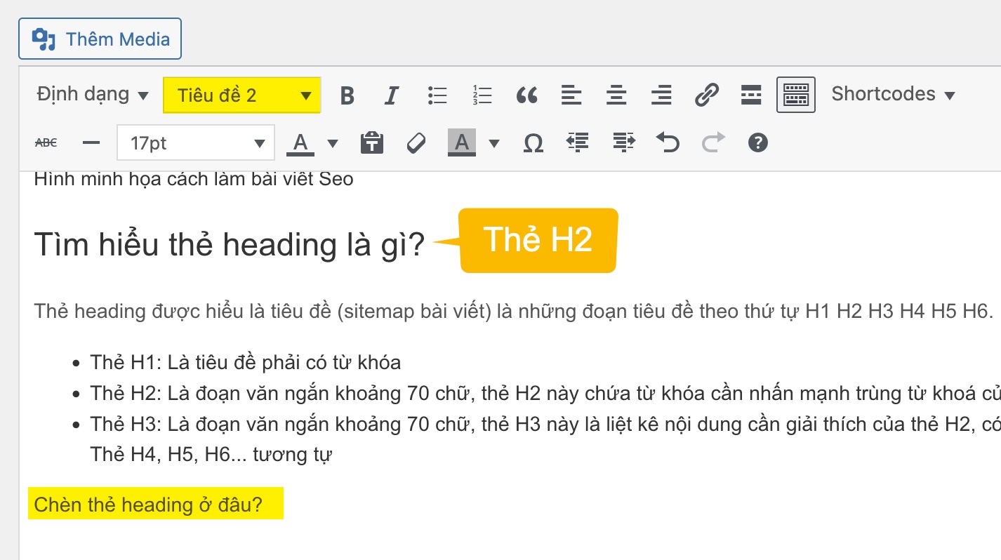 Vào box editor chèn thẻ heading